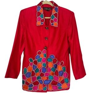Vintage Donna Vinci Red Blazer Jeweled Fabric Appliqué Rhinestone Button Size 10